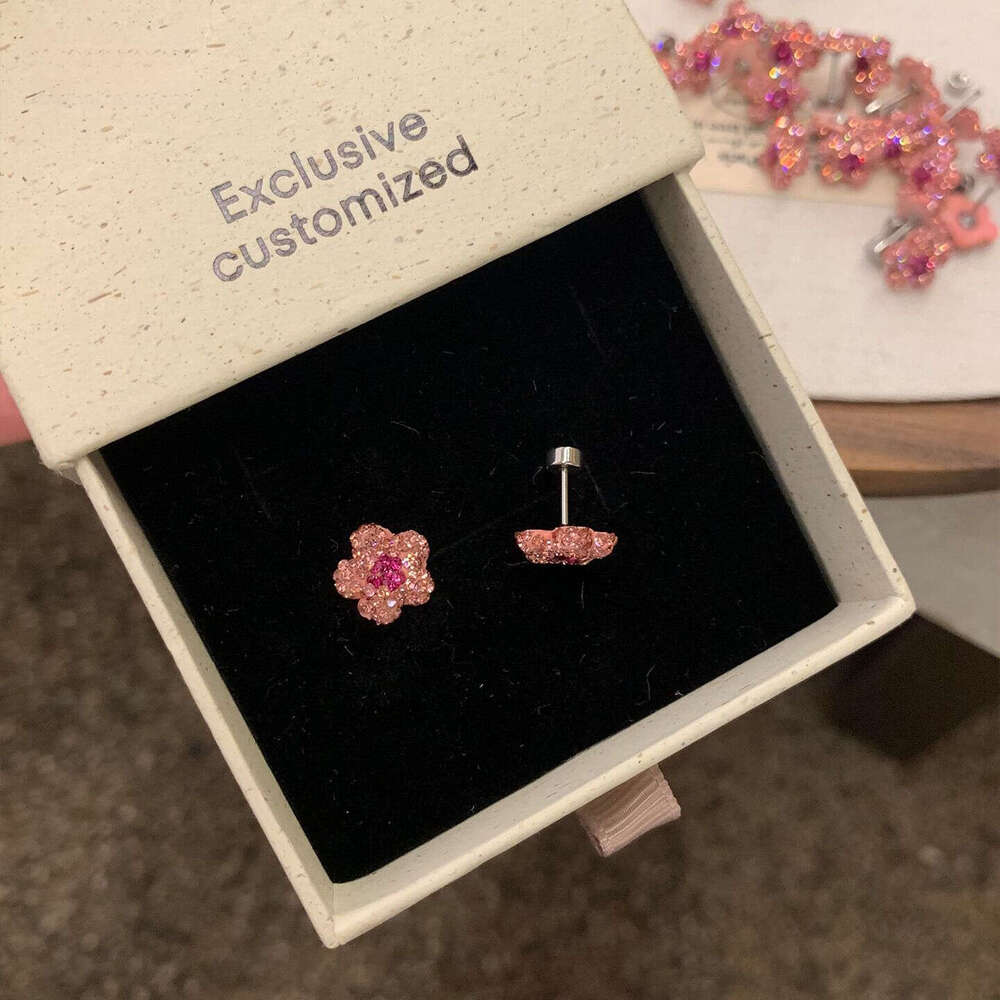 Earrings Sweet Sparkling Full zircon Small Pink Flower Simple Fashion Versatile High Value Cute Exquisite Earring for Women