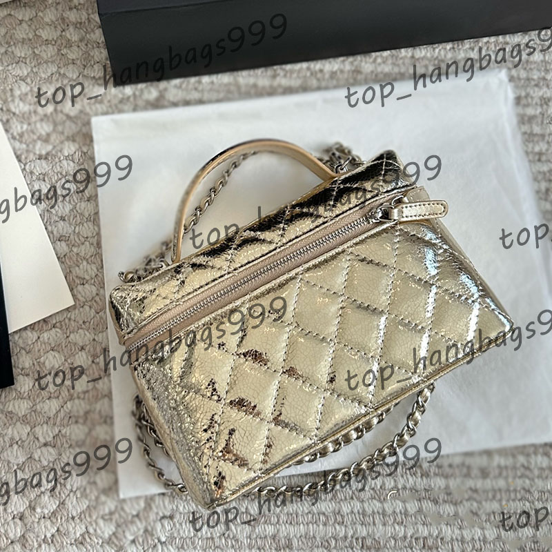 Shiny Cowhide Totes Box Makeup Vanity Bags Top Leather Handle Gold Chain Crossbody Shoulder Bag Cosmetic Case Lipstick Key Pocket Card Holder Purse 12x19cm