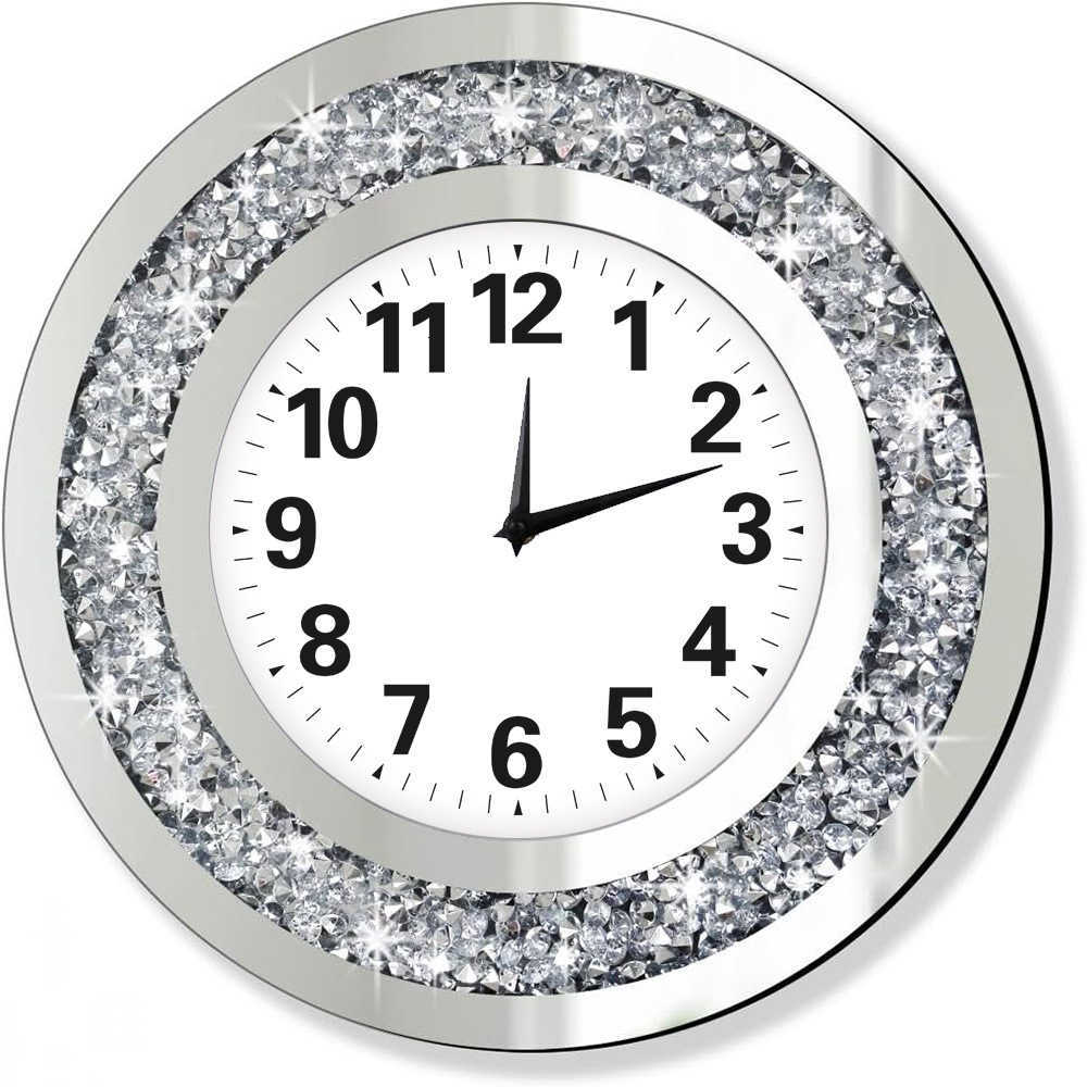 LUVODI Wall Clock Mirror Clock Sparkle Bling Round Diamond Wall Clock with Silver Tawny Tinted Crystal Crushed W251028