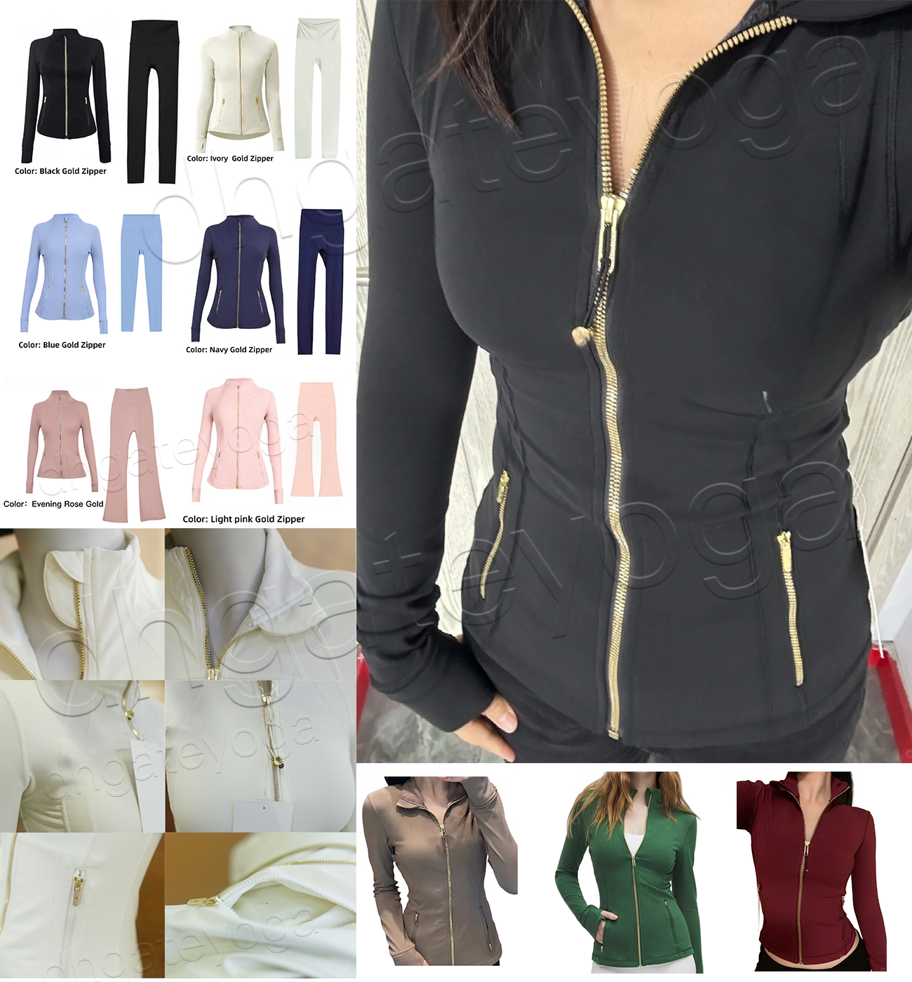 Women designer Yoga Cropped Jacket Outfit Women Gold Zipper Activewear Slim Fit Zip Thumb Hole Running Workout Fitness sets women jackets sets