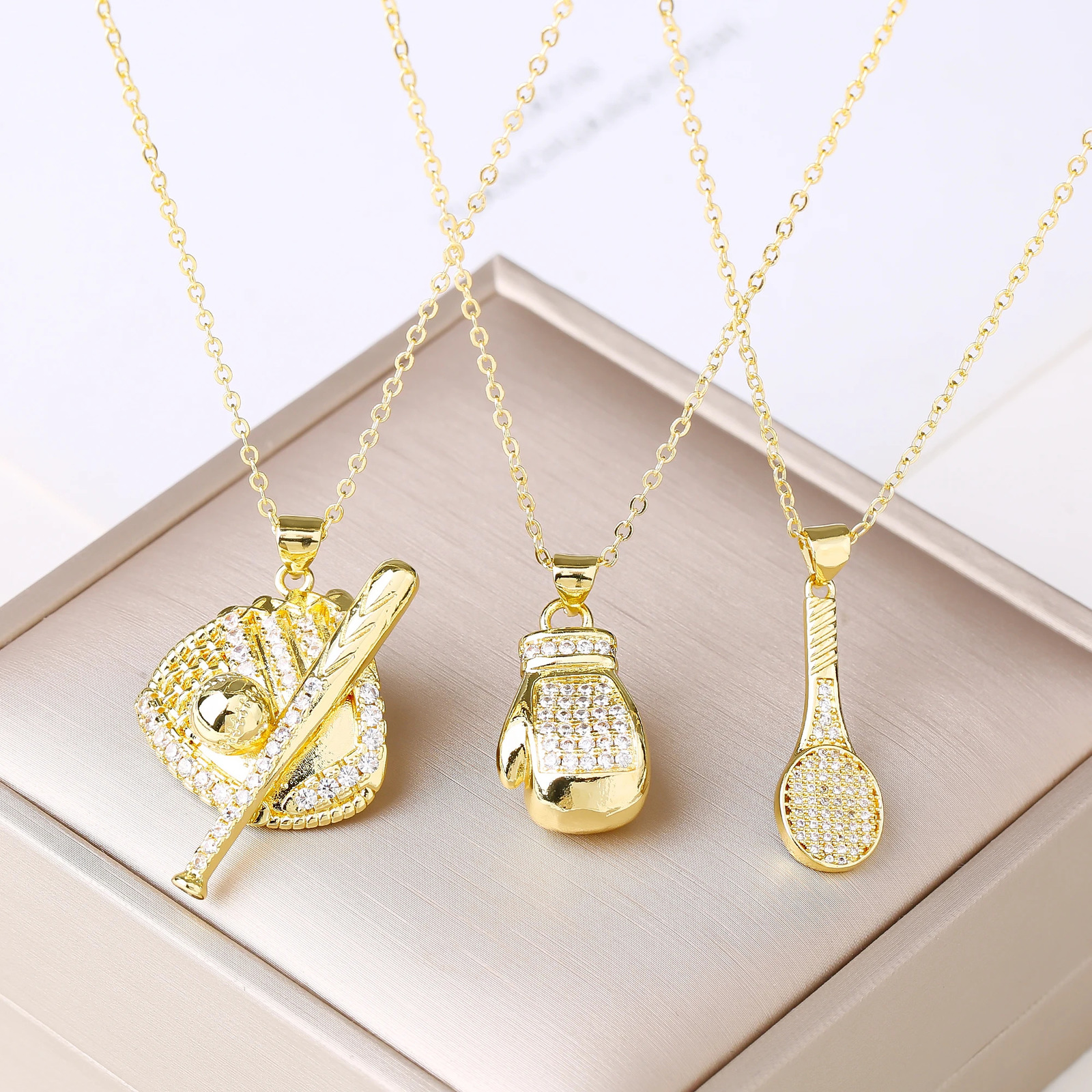 Fashion Baseball Tennis Racket Boxing Gloves Zircon Pendant Necklace for Men Women Sports Party Jewelry Birthday Gift 251230