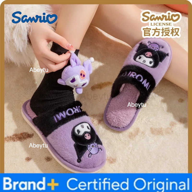 Sanrio Genuine Hello Kitty Plush Slippers Kuromi My Melody Warm Winter Indoor Slippers Flat Casual Non-slip Girl Home Shoes H251230