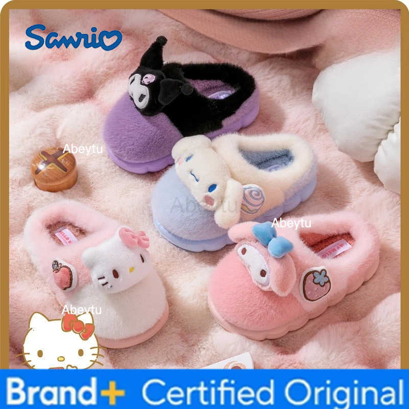 Sanrio KidsSlippers Cartoon Fluffy Winter Shoes For Children Anti-slip Thick Bottom Home Slipper Keep Warm Pink Blue Size 30-41 H251230
