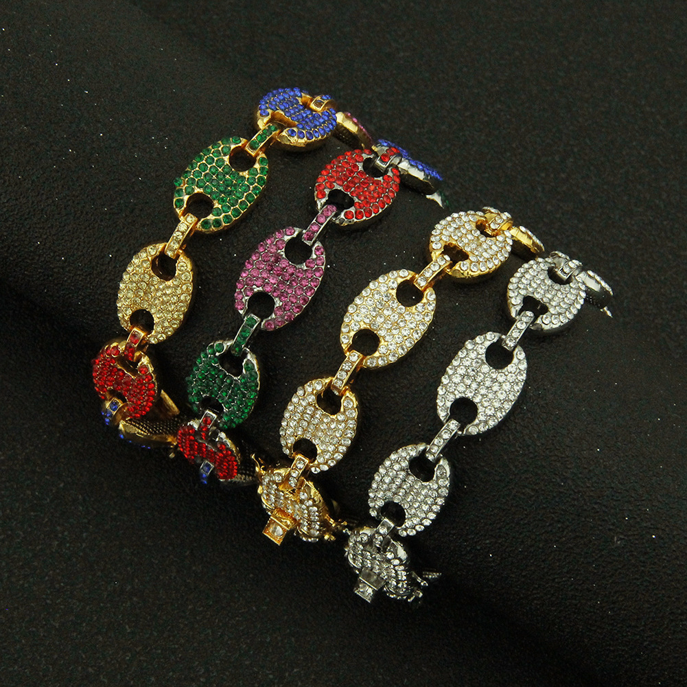 Luxury Brand Designer Jewelry European And American Hip-Hop Inlaid Colorful Diamond Pig Nose Bracelet Coffee Bean Chain Men's Hip-Hop Bracelet Ba