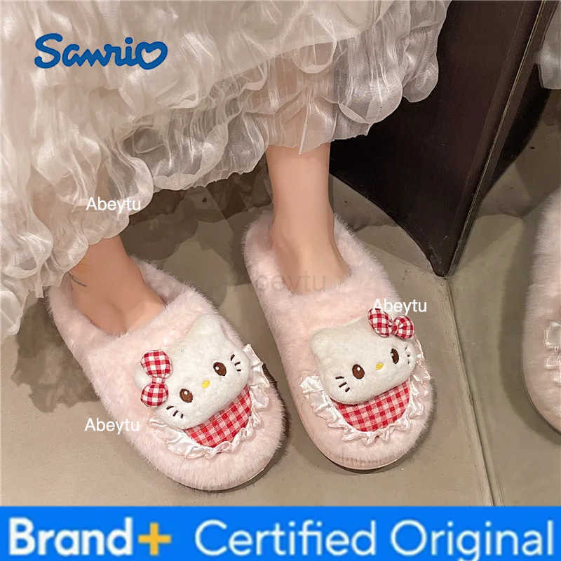 Sanrio Winter Women Plush Slippers Anime Hello Kitty Kawaii Slippers Anti Slip Warm Insulation Indoor Princess Sweet Girl Slippers H251230