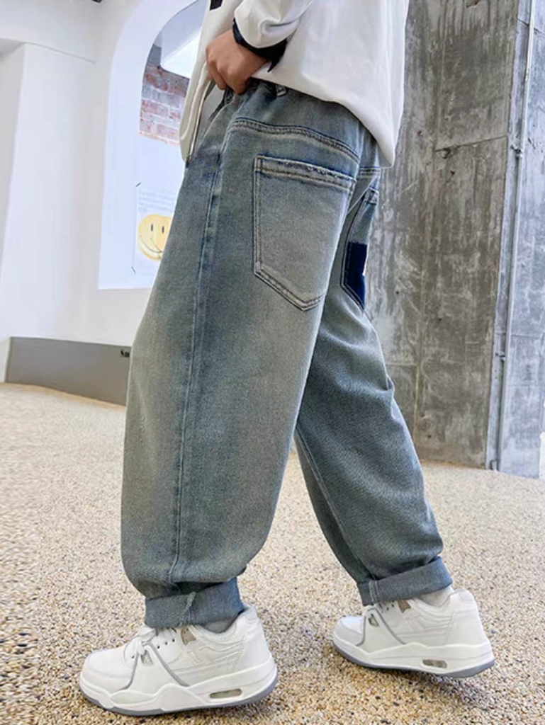 Boys' Spring and Autumn Vintage Casual Versatile Jeans Middle and Big Kids' New Straight Tube Light Color Trendy Western Soft Denim