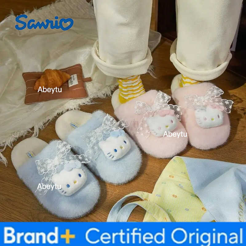 Sanrio Hello Kitty Kuromi Autumn Winter Cartoon Girl Cotton Slippers Fleece-Lined Keep Warm Non-Slip Comfortable Parent-Child Slippers H2512301