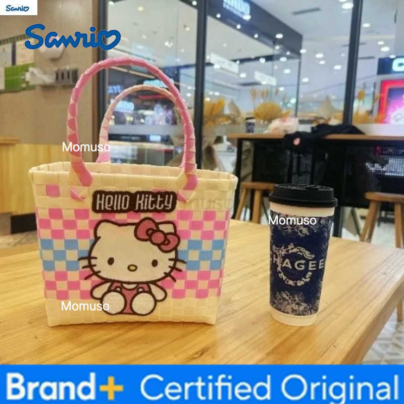 Sanrio Fashion Handmade Weaving Hello Kitty Cartoon Basket Womens Leisure Large Capacity Storage Beach Handbag H251230