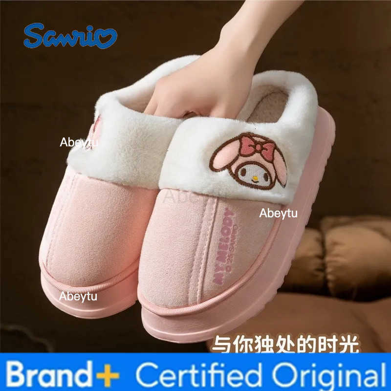 Sanrio Cartoon Warm Cinnamoroll Kuromi My Melody Anime Thick Sole Cotton Slippers Kawaii Girls Winter Comfort Home Indoor Shoes Casual H251230