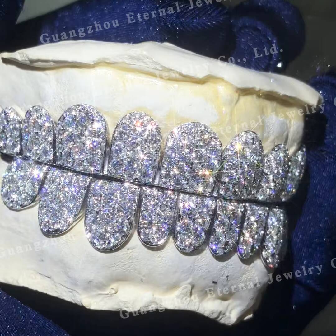 Custom Top Bottom 6 8 10 S925 Silver Honeycomb Setting Moissanite Lab Diamond Perm Cut Straight Line Solid Gold Teeth Grillz