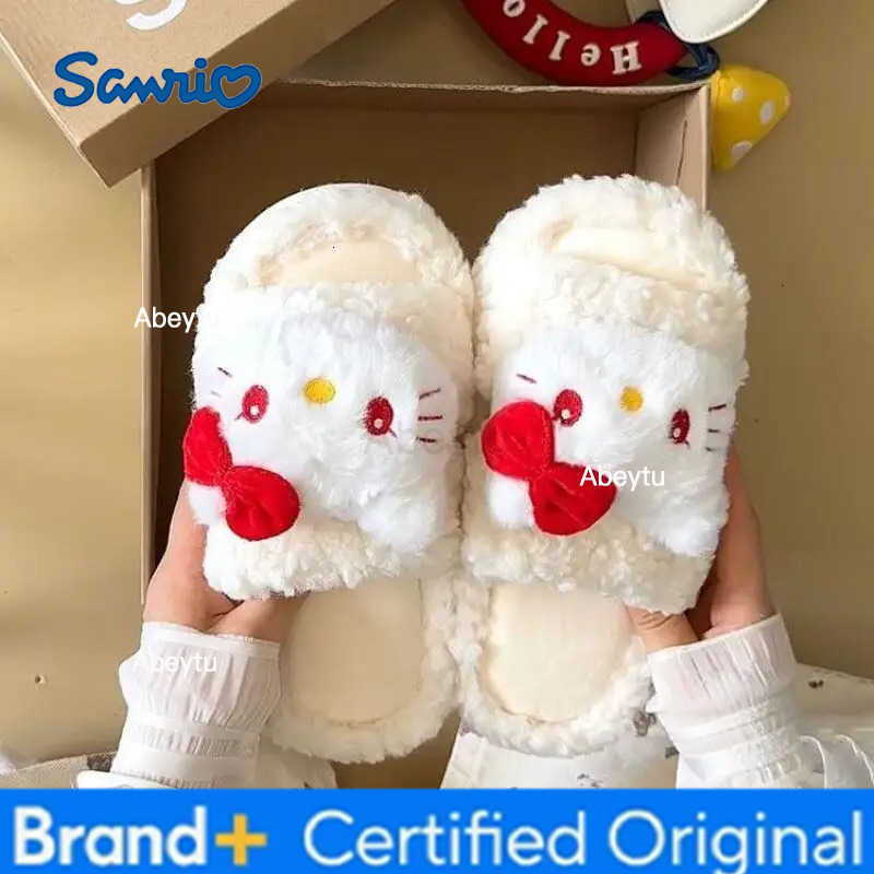 Sanrio Cute Cartoon Kawaii Hello Kitty Thick Soled Hairy Slippers for Womens Outdoor Wear Autumn New Versatile Cotton Slippers H251230