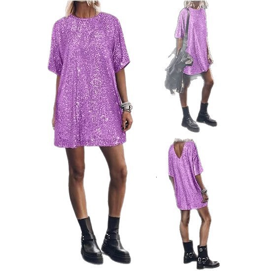 2025 Round Neck Womens Sequin Dress Sexy Shiny T-Shirt Short Sleeve Loose Party Dress 230321