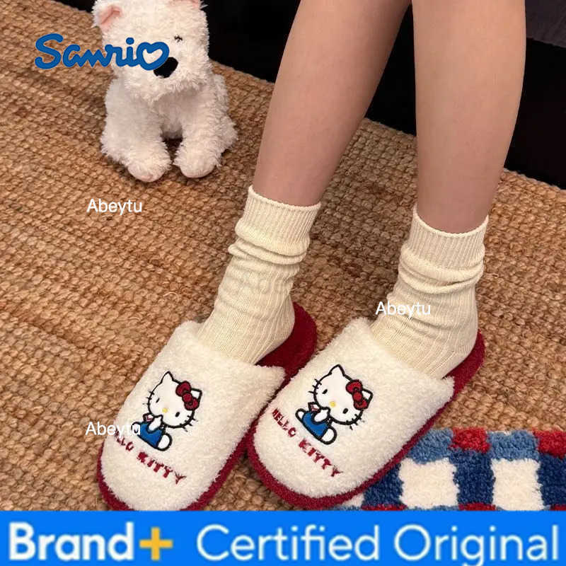 Sanrio Hello Kitty Cartoon Indoor Leopard Print Slippers for Home Use Winter Warm Non Slip Cotton Slipper Birthday Gift for Girl H251230