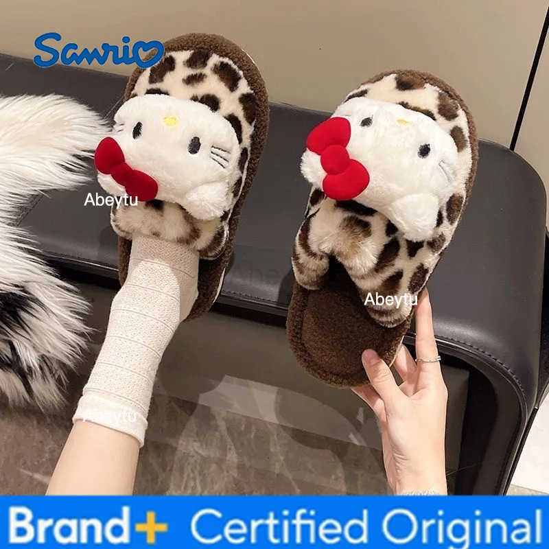 Sanrio Sweet Cool Leopard Print Hello Kitty Comfortable Cotton Slippers 2025 Autumn Winter Outdoor Soft Sole Warm Plush Fluffy Women H251230