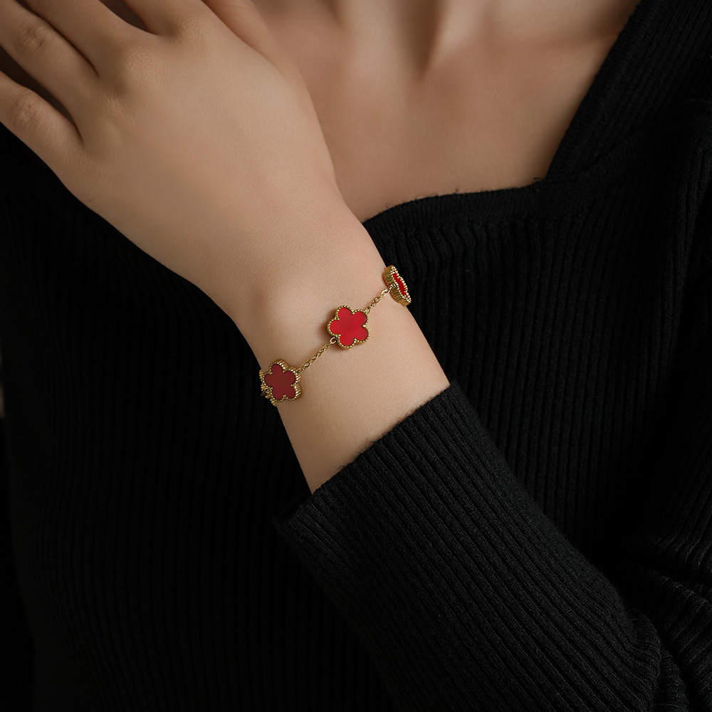 Luxury Brand Designer Jewelry Steel Lucky Clover Five-Leaf Flower Bracelet For Women, Light Luxury High-End Feel, 18K Non-Fading Waterproof Stainless 