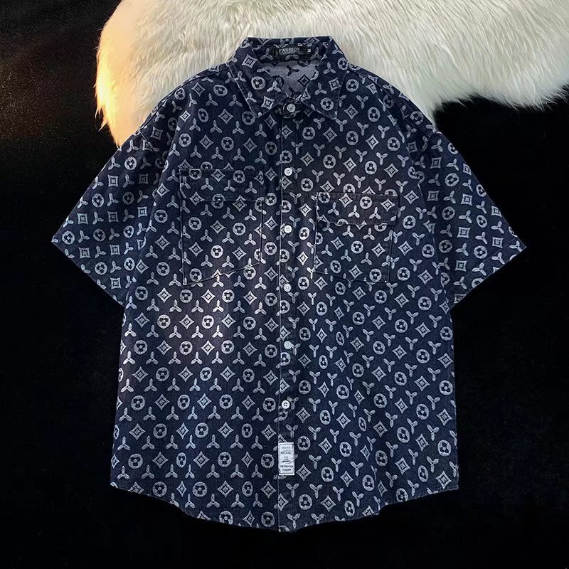 2026 summer new arrival casual men's print short sleeved shirt fashionable loose versatile simple top black blue free shipping