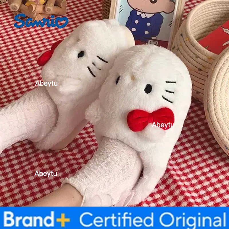 Sanrio Cartoon Hello Kitty Plush Slippers Cute KT Cat Y2K Indoor Warm Casual Non-Slip Cotton Shoes Winter Girls Home Shoes Gift H251230