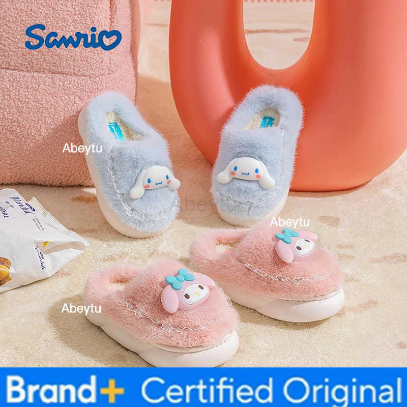Sanrio Kawaii Children Winter With Heels Cotton Slippers Cartoon Anime Kuromi Cinnamoroll Kids Indoor Home Slippers Girl Gift H2512301