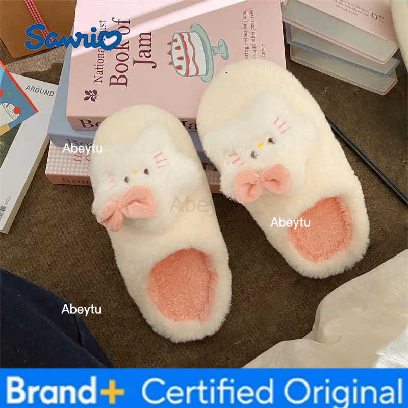 Sanrio Original Cartoon Apple Cat Plush Slippers Winter Warm Indoor Home Anti-Freeze Fuzzy House Shoes H251230