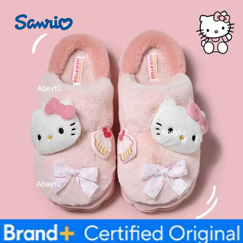 Sanrio Hello Kitty Kawaii Girls Plush Slippers New Style Home Cotton Shoes Child Leisure Indoor Shoes Ins Cartoon Hole Sandals H251230