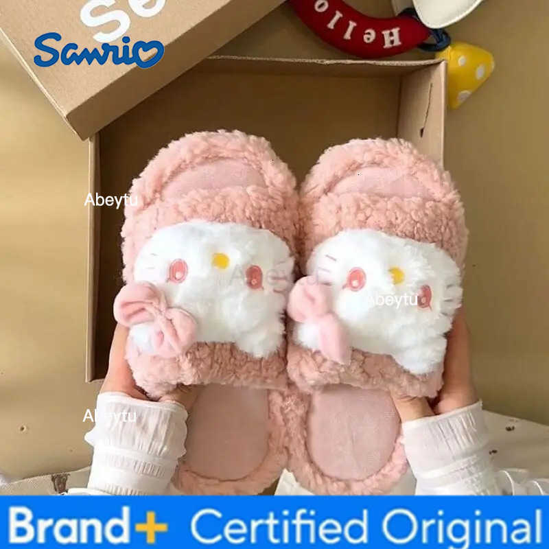 Sanrio Cute Cartoon Kawaii Hello Kitty Thick Soled Hairy Slippers for Womens Outdoor Wear Autumn New Versatile Cotton Slippers H251230