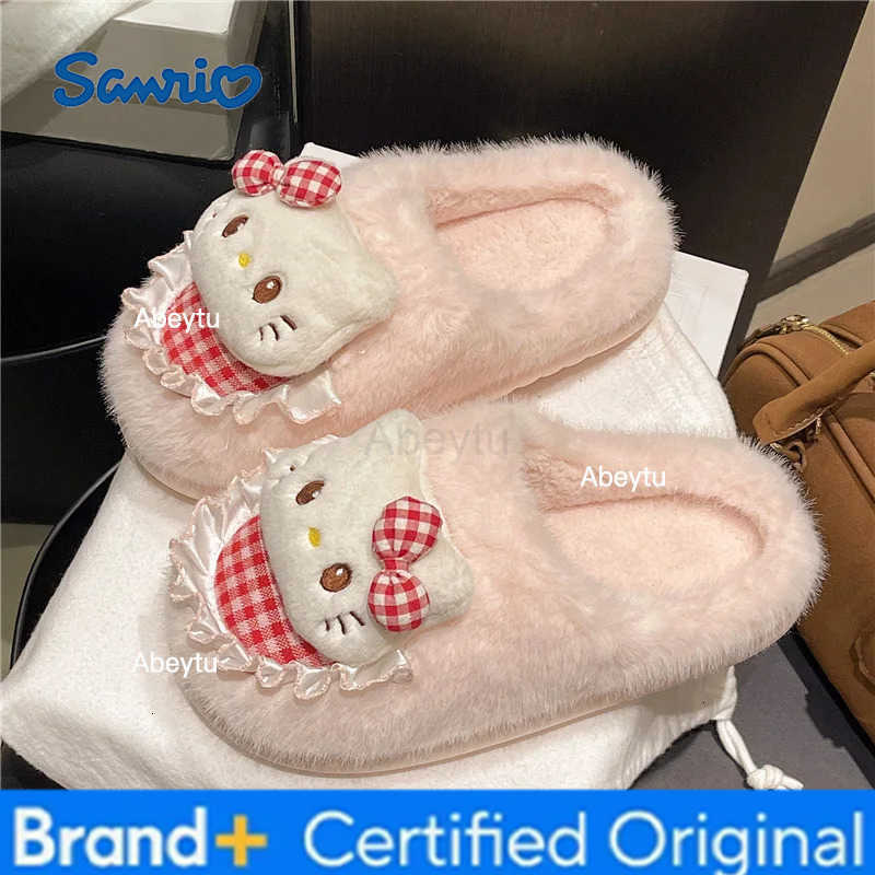 Sanrio Winter Women Plush Slippers Anime Hello Kitty Kawaii Slippers Anti Slip Warm Insulation Indoor Princess Sweet Girl Slippers H251230