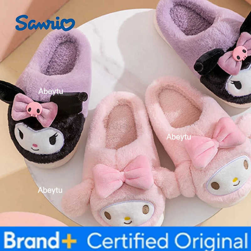 Sanrio Kuromi Parent-Child Plush Slippers Women My Melody Kawaii Anime Cinnamoroll Cotton Shoes Flat Autumn Winter Warm Non-Slip Cute H251230
