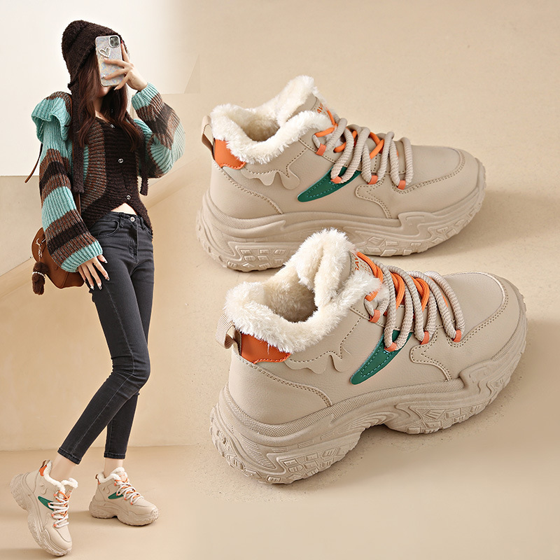 Women's All Black Fleece-Lined Dad Winter Hot-Selling Genuine Leather Waterproof Kitchen Work Non-Slip Sports Big Cotton Shoes ddmykukumalu ddmyk