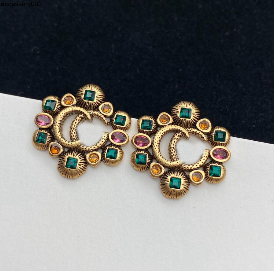 Stud Charm Vintage Classic Letter Charm Earring Designer Colorful Diamond Ear Studs Brand Eardrop Have Stamp aretes for Women Female Party Wedding Jewelry