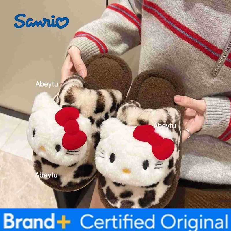 Sanrio Sweet Cool Leopard Print Hello Kitty Comfortable Cotton Slippers 2025 Autumn Winter Outdoor Soft Sole Warm Plush Fluffy Women H251230