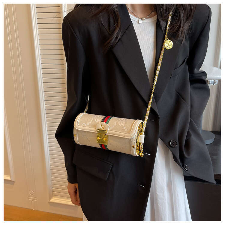 Foreign Trade Cross-Border Jacquard Canvas with Leather Embroidered Letters Color-Block Pen Holder Underarm Baguette Small Women's European and A