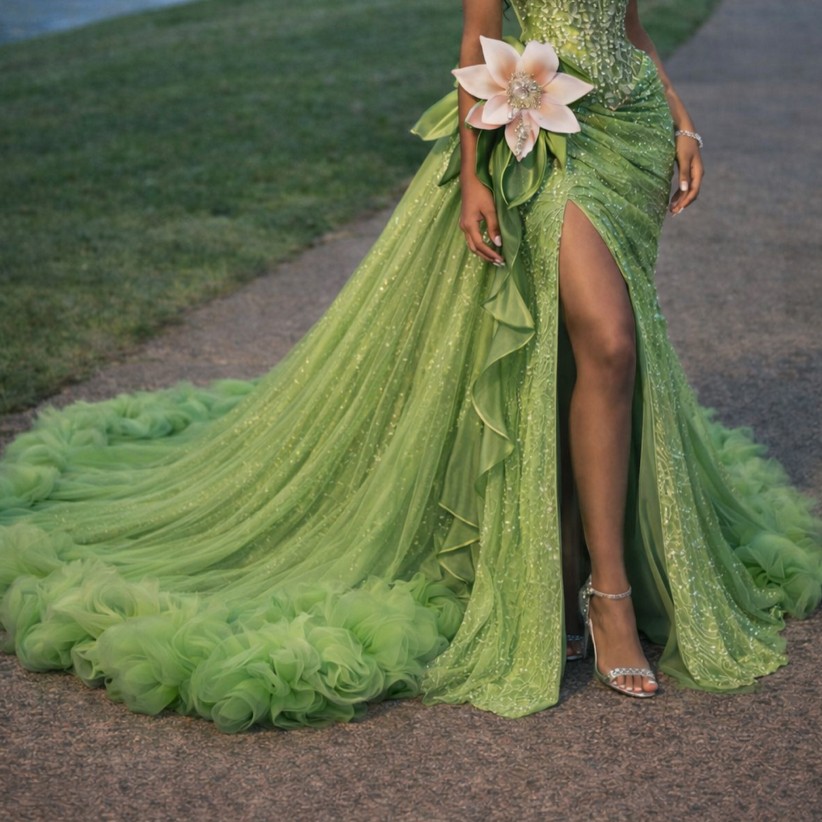The Princess and the Frog Green Prom Evening Dresses For African Princess Sparkly Crystal Flower Sexy Split Black Girl Birthday Formal Gowns Reception