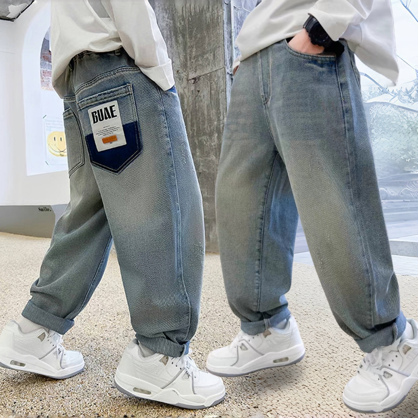 Boys' Spring and Autumn Vintage Casual Versatile Jeans Middle and Big Kids' New Straight Tube Light Color Trendy Western Soft Denim