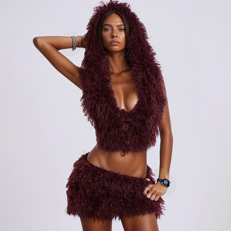 Women's Faux Fur U-Neck Hooded Backless Top and Mini Skirt Two-Piece Set