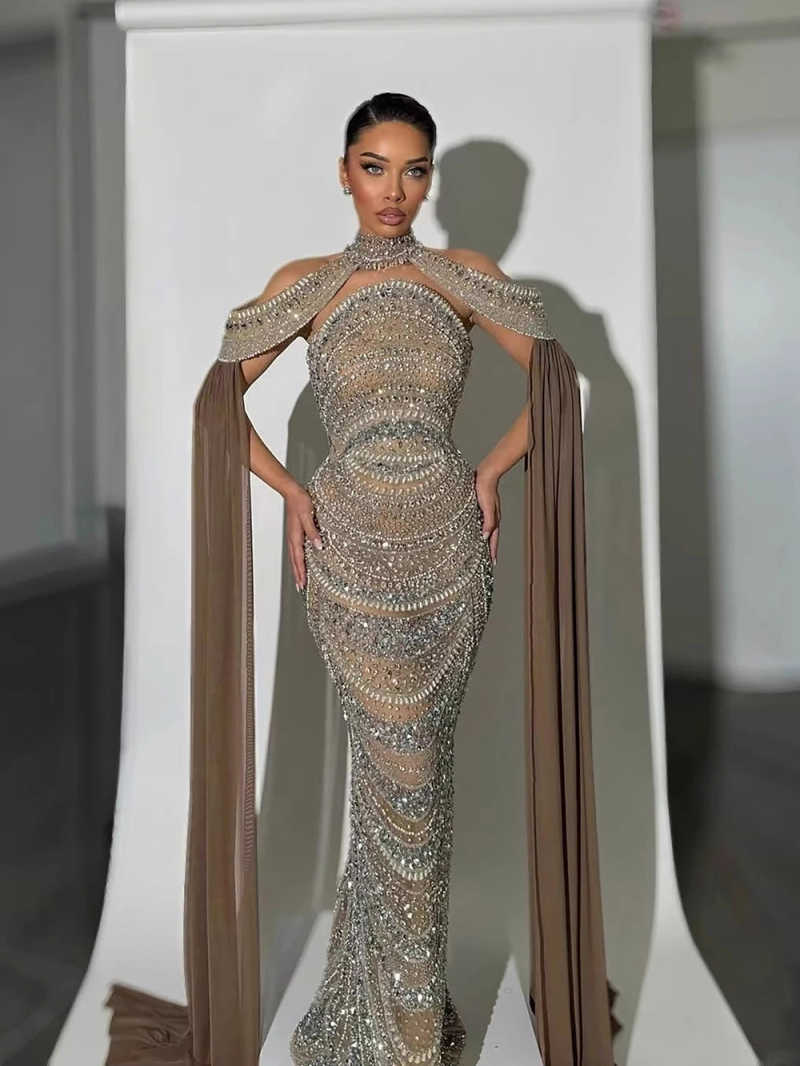 Luxury Evening Prom Dress Luxury Kosovo Beaded Gowns with Cape for Party 2026 Customized