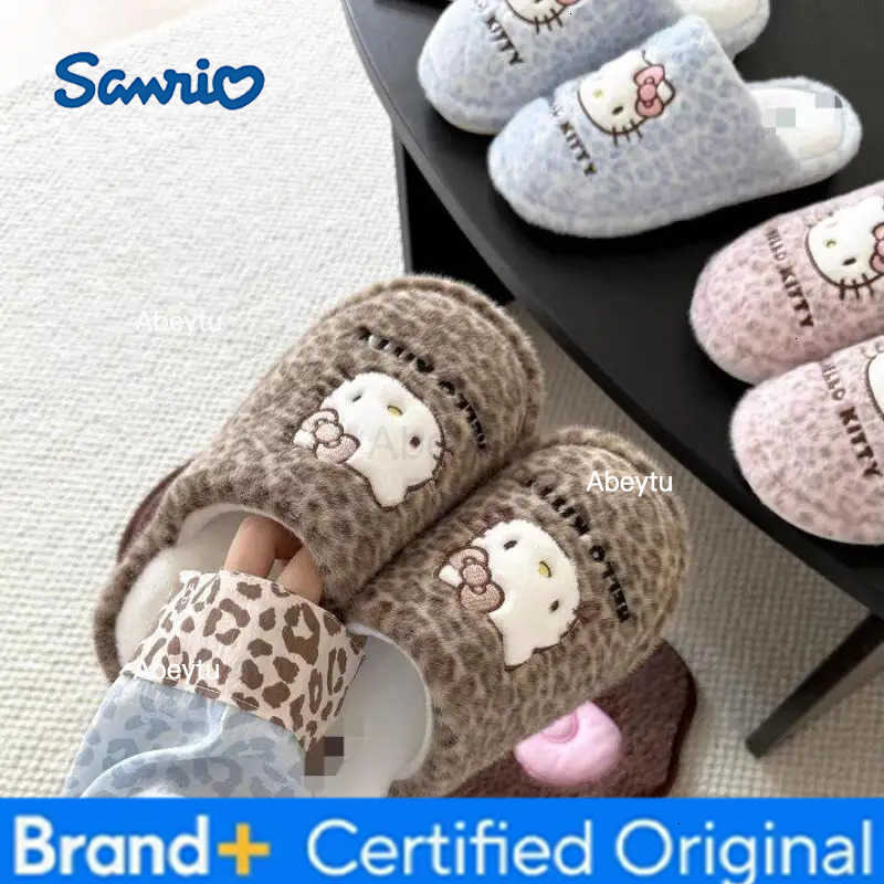 Sanrio Hello Kitty Cartoon Indoor Leopard Print Slippers for Home Use Winter Warm Non Slip Cotton Slipper Birthday Gift for Girl H251230