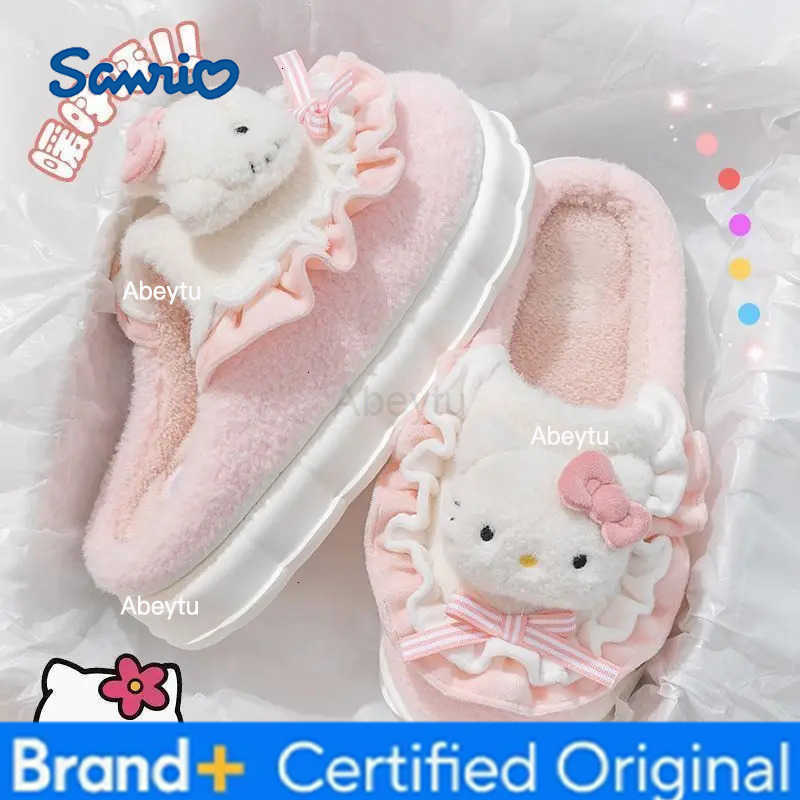 Sanrio Hello Kittys Cotton Shoes Anime Kuromi Cinnamoroll Women Slippes Winter Warm Cartoon Plush Kawaii Flat Shoes Antislip Shoes Gift H251230