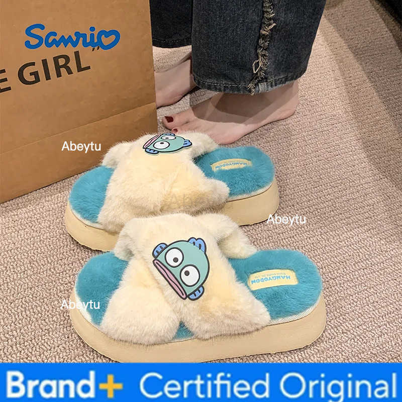 Sanrio Kawaii New Spring Autumn Plush Slippers Soft Anime Kuromi Cinnamoroll Hangyodon KT Women Home Thick-soled Non-Slip Shoes Gifts H251230