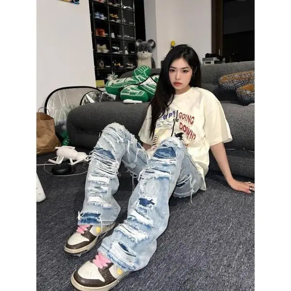 Y2K Mens Womens Hip Hop Rock Ripped Retro Blue Loose Jeans Fashion Harajuku High Waisted Wide Leg Pants Street Wear Z260313