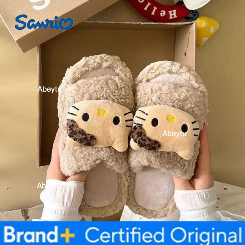 Sanrio Cute Cartoon Kawaii Hello Kitty Thick Soled Hairy Slippers for Womens Outdoor Wear Autumn New Versatile Cotton Slippers H251230