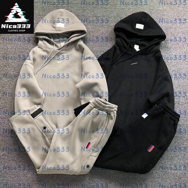 FOG Grey black embroidered double hood cotton hoodie with signature logo unisex streetwear style matching side button detachable loose straight leg pants.