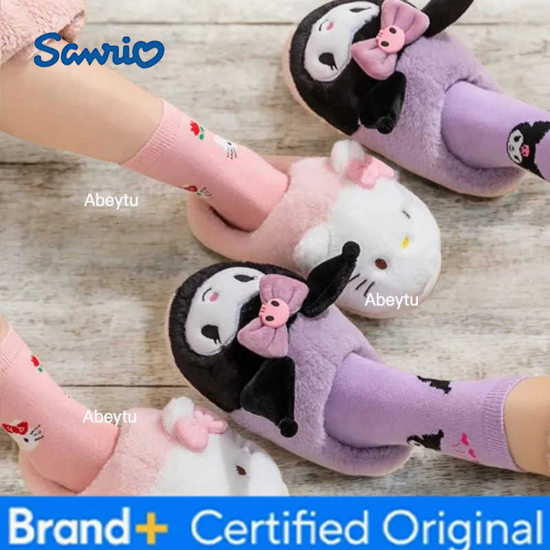 Sanrio Cartoon Plush Floor Slippers Warm Winter Indoor Kuromi Slippers Pink Blue Flat Casual Non-slip Girl Home Shoes Size 28-41 H251230