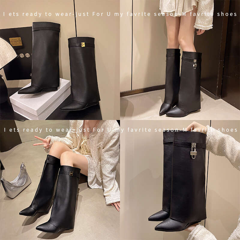 2025 Autumn Winter New Pointed Toe Large Tube Lock Shark Buckle Straight Mid-Calf Thick Heel Trouser Boots for Women