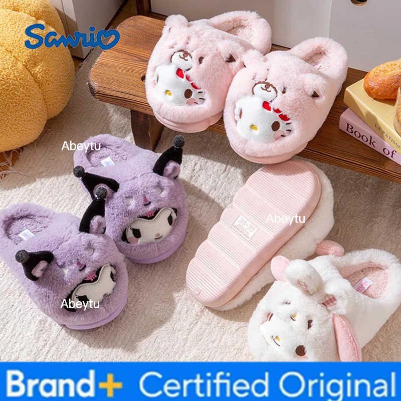 Sanrio Cute Kuromi Kt Cat Warm Cotton Slippers Autumn/Winter Thick Anti Slip Soft Comfortable Sole Indoor House Slippers Surprise Gifts H251230