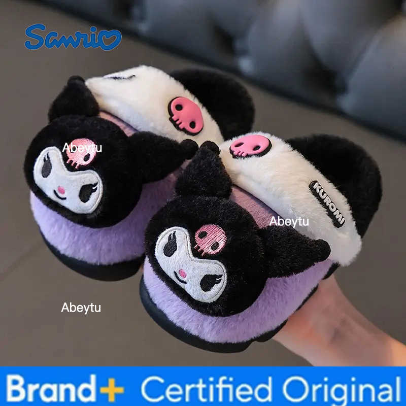 Sanrio Childrens Slippers Kuromi Childrens Cotton Shoes Girls Cute Princess Home Indoor Non-Slip Warm Parent-Child Furry Shoes H251230