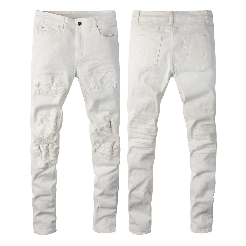 WOZK Versatile Trendy Brand Fashionable and Casual High Street White Jeans for Men, Slim Fit, Elastic Punch White Pants