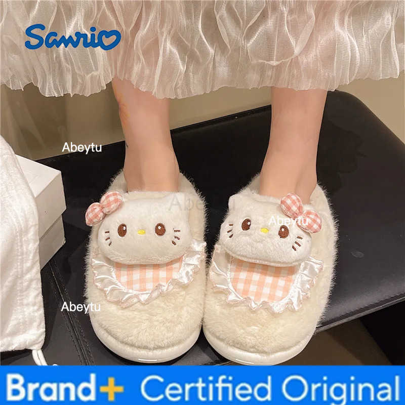 Sanrio Winter Women Plush Slippers Anime Hello Kitty Kawaii Slippers Anti Slip Warm Insulation Indoor Princess Sweet Girl Slippers H251230