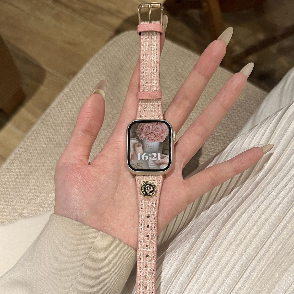 Autumn Winter Red Camellia Little Fragrance Style iWatch 9 Band Compatible with Apple 8 7 6 5 4 Watch Strap