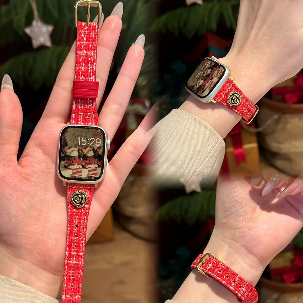 Autumn Winter Red Camellia Little Fragrance Style iWatch 9 Band Compatible with Apple 8 7 6 5 4 Watch Strap