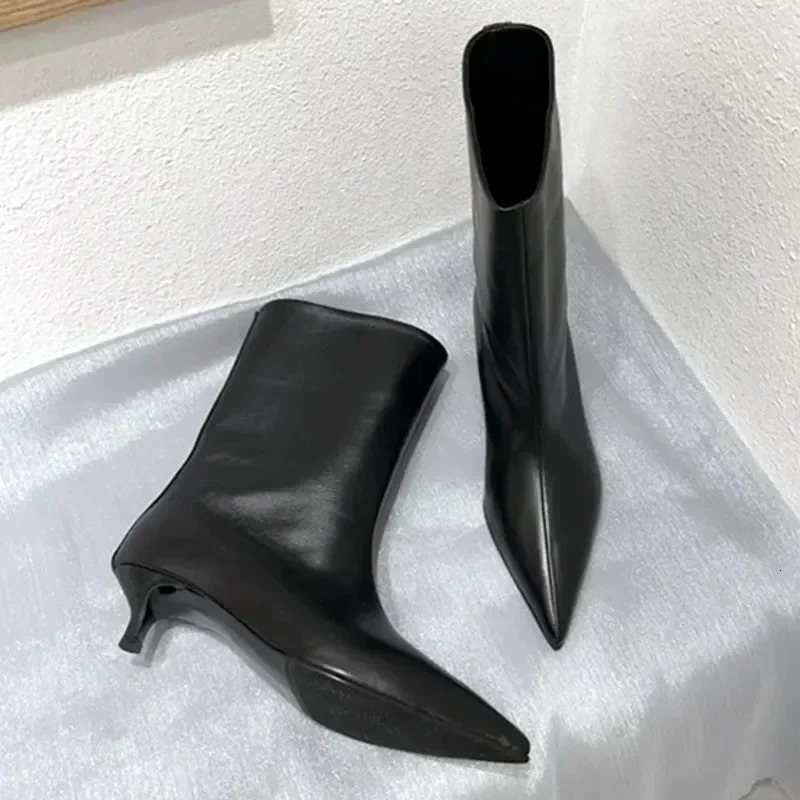 SEXY Black Pointed Toe Cat Heel Mid Women Soft Leather PU Low Heel Wide Mouth French Style Ankle Boots 251226
